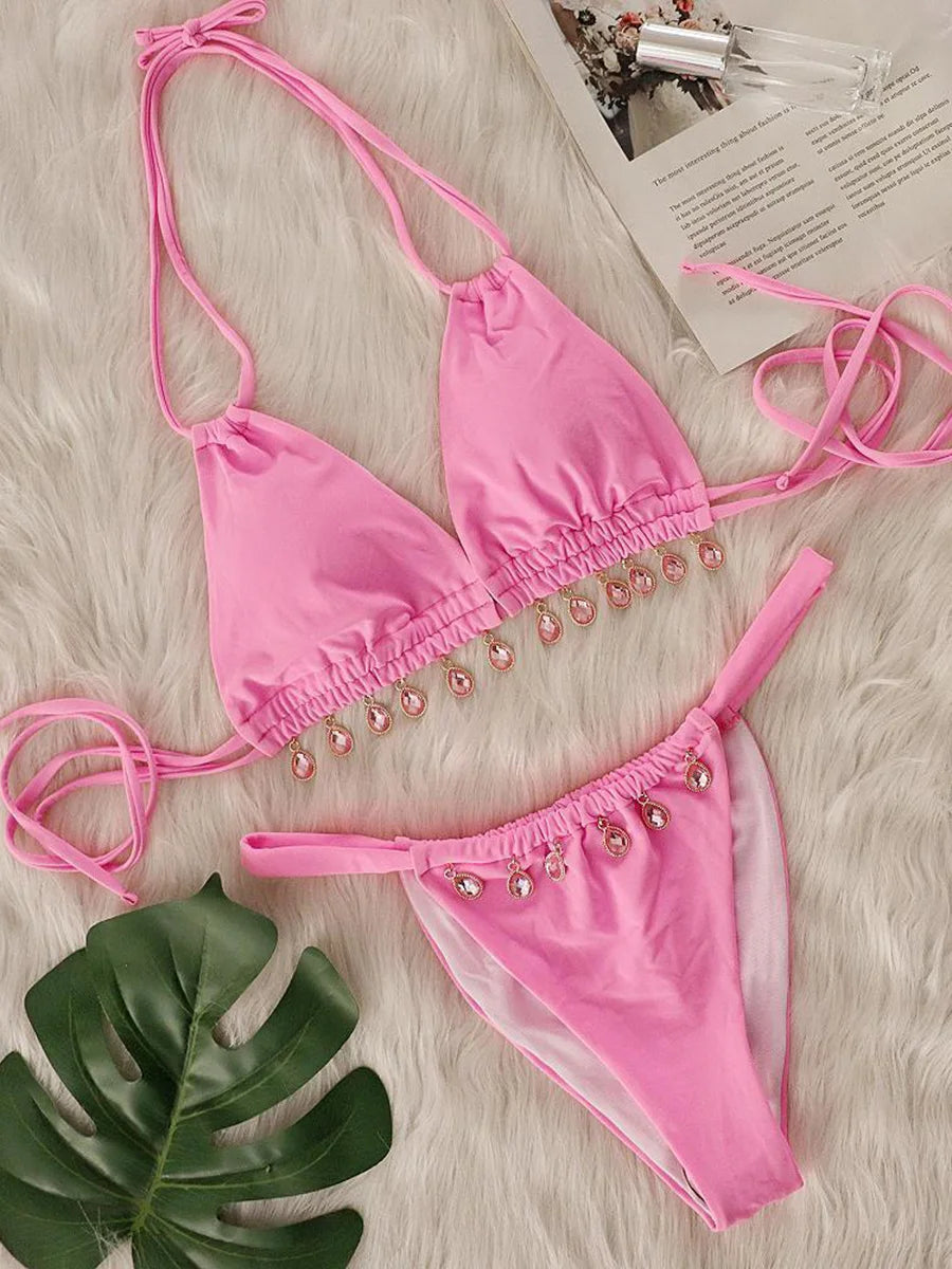 2025 Halter Luxury Rhinestone Diamond Bikini Female Swimsuit Women Swimwear Two-pieces Bikini Set Bather Bathing Suit Swim Lady