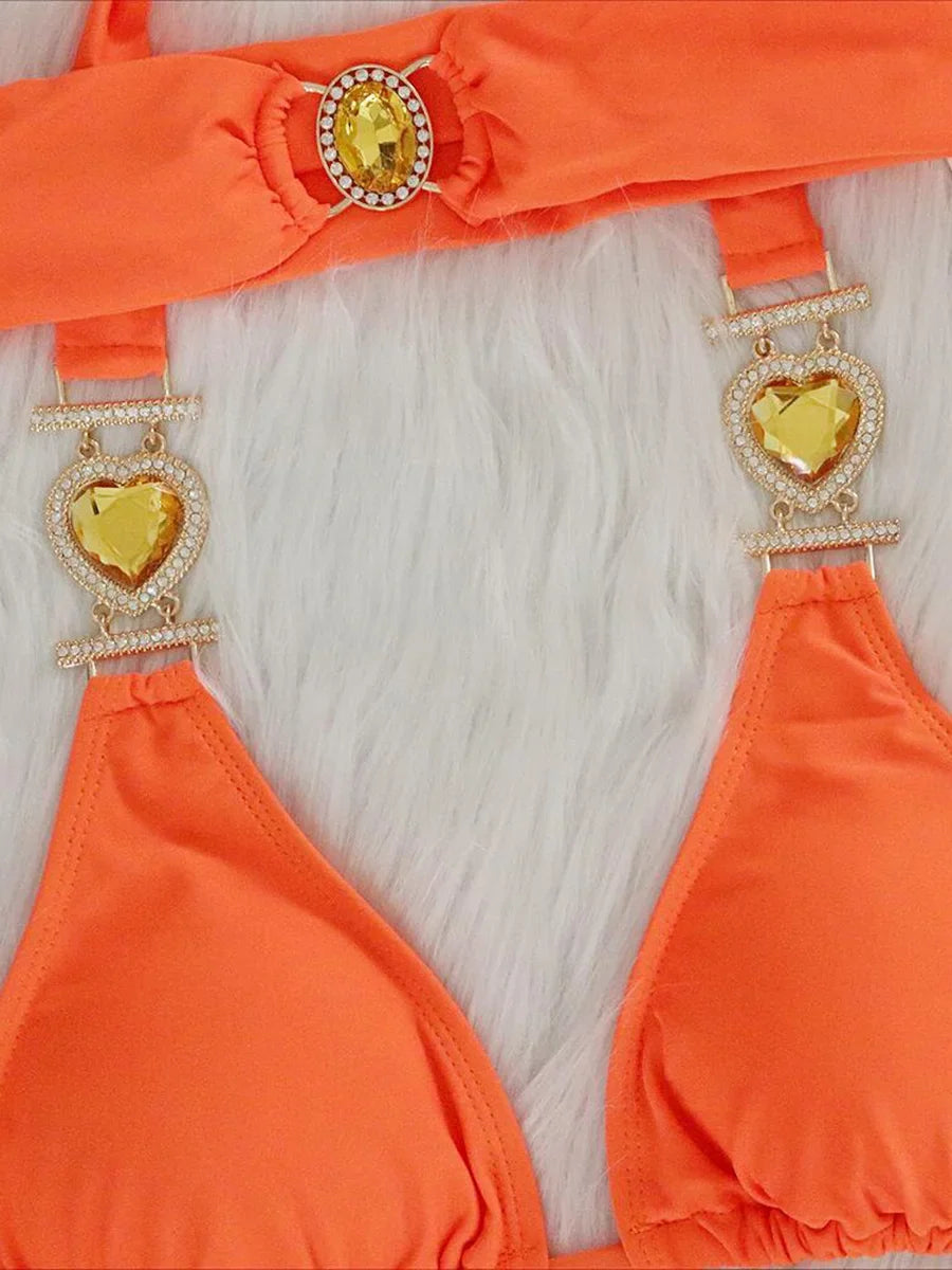 Halter Rhinestones Diamond Bikini Women Swimsuit Female Swimwear Three pieces Bikini Set Brazilian Hairband Bathing Suit Swim