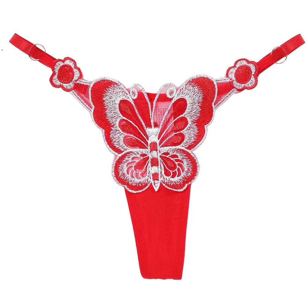 Butterfly Lace Thong for Women Low Waist G-String Transparent Mesh Panties Sexy Embroidered Briefs Adjustable Waist Culotte Femm