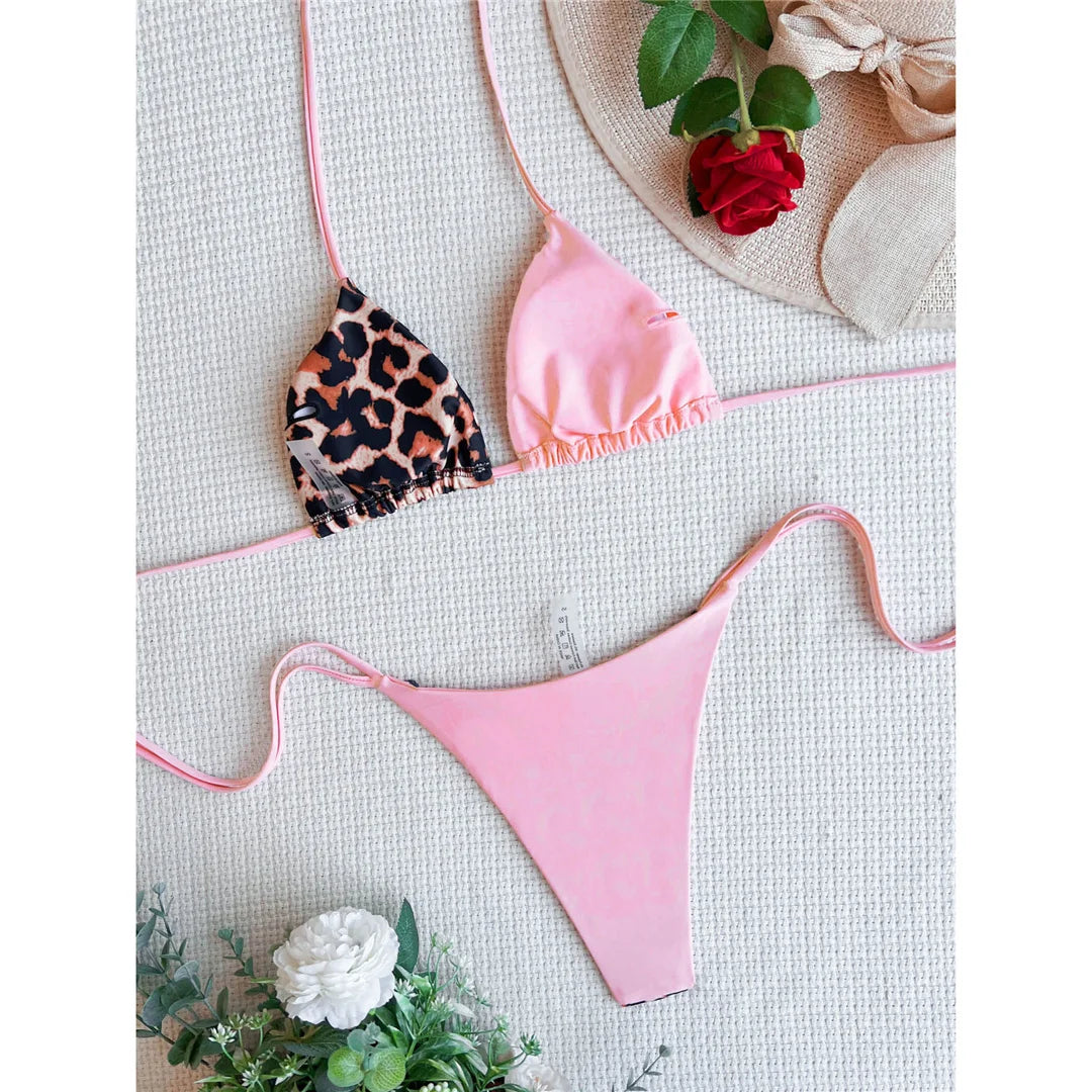 XS - L 8 Color Splicing Halter Leopard Bikini Female Swimsuit Women Swimwear Two-piece Bikini set Bather Bathing Suit Swim V3736