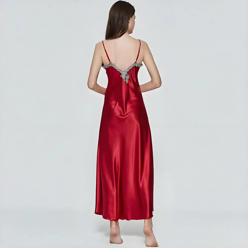 Women's Satin Lace Nightgown Spaghetti Strap Sleeveless Slip Dress Soft V Neck Maxi Sleepwear Silky Chemise Nightdress