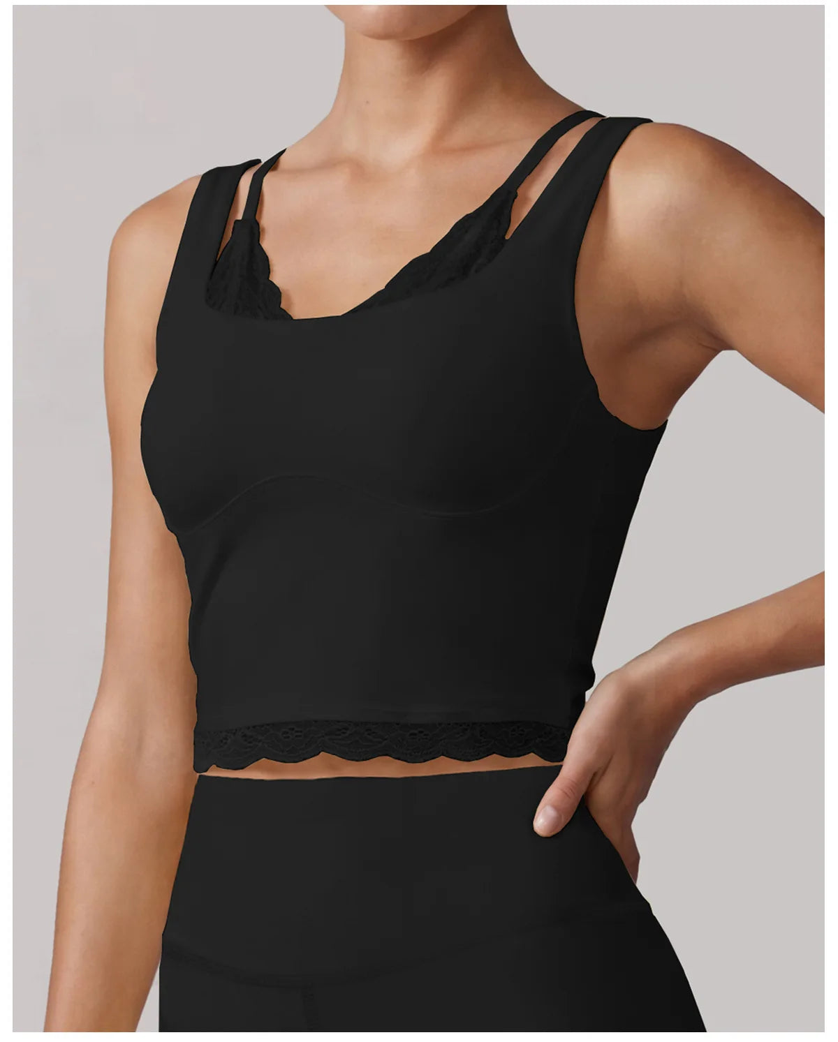 Sexy Fake Two-piece Yoga Tank Top Naked Feel Lace Trim V Neck High Stretch with Bra Pads Gym Running Fitness Dance Tank Top