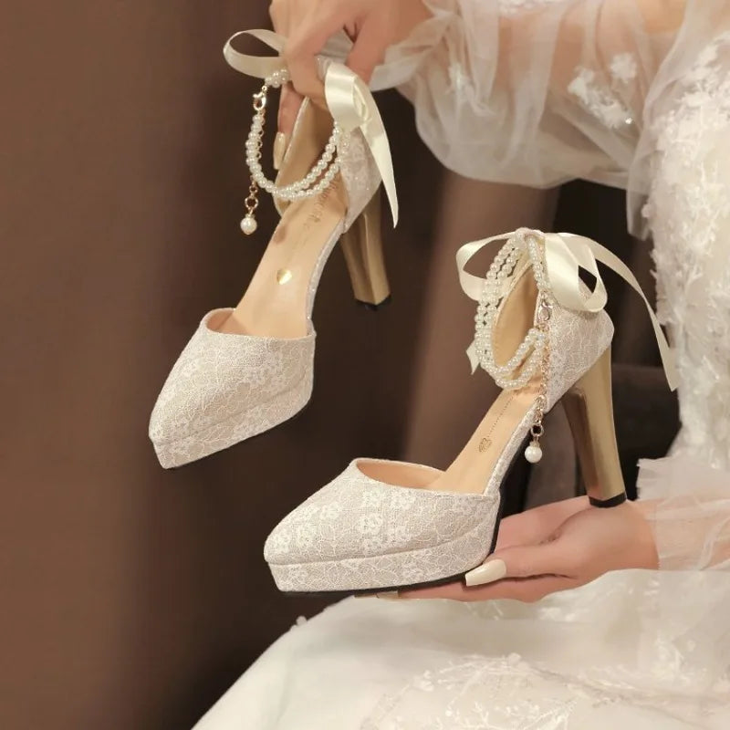 Ladies Shoes 2026 New Ankle Strap Women's High Heels Sandals Thick Heel Pumps Women Fashion String Bead Buckle Wedding Shoes