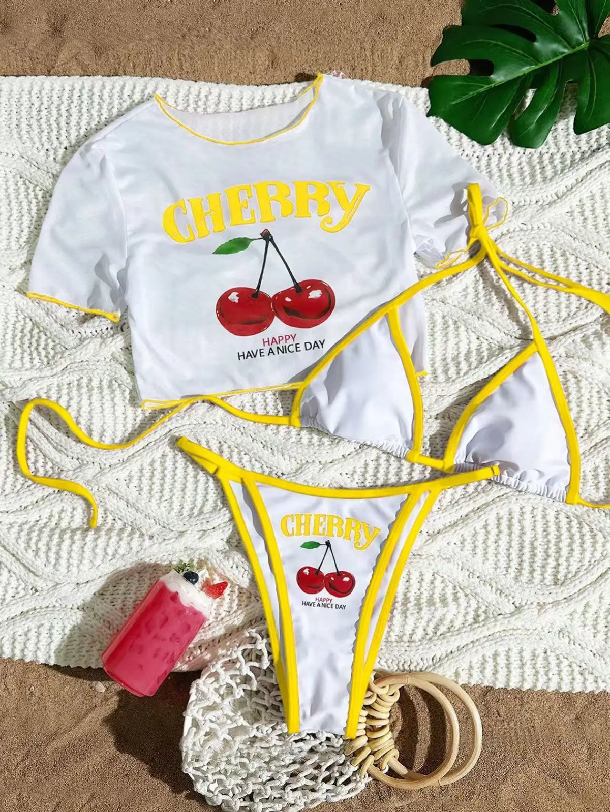 XS - L Cherry Printed Short Sleeve Bikini Female Swimsuit Women Swimwear Three-pieces Bikini set Bather Bathing Suit Swim V6854