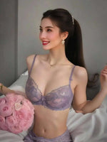 French Lace Lingerie Set Women Ultra Thin Sexy Underwire Bra&Panty Push Up Gather Breasts Pure Desire Large Breasts Support