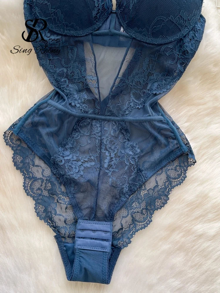 SINGREINY 2026 New Lace Lingerie Bodysuits Female Strap Hollow Out Backless Solid Underwear Floral Mesh Sexy Sheer Playsuits
