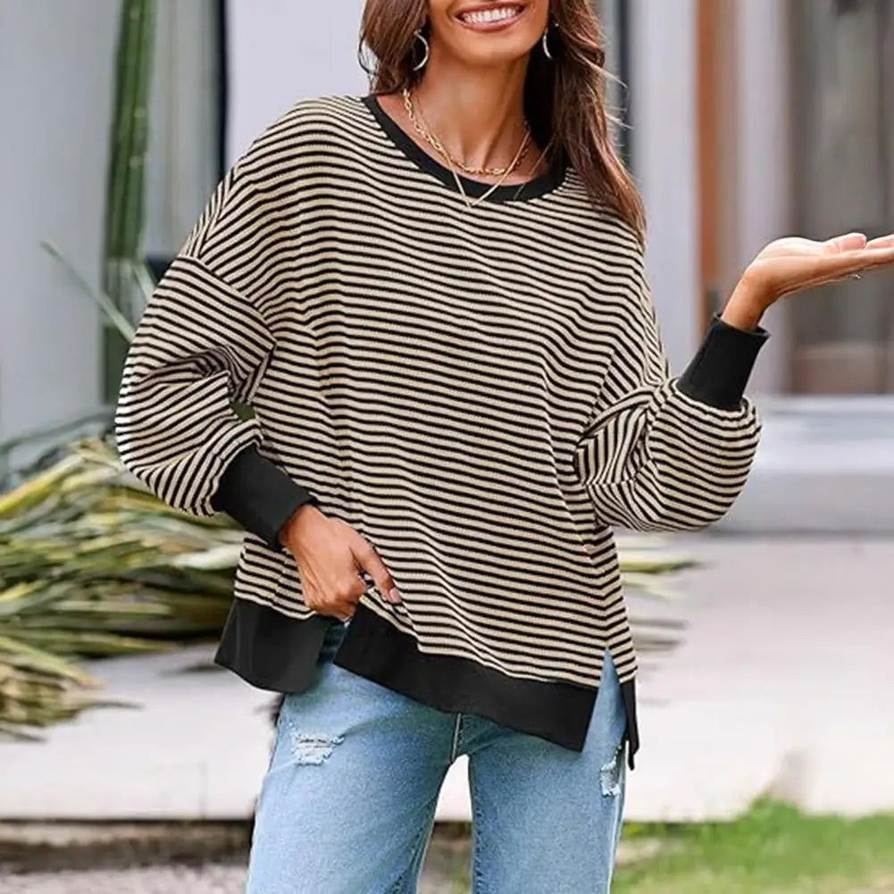 Long Sleeve Crewneck T-Shirt Split Hem Women Striped Oversized Sweatshirt Waffle Knitted Tunic Top Casual Women Sweater