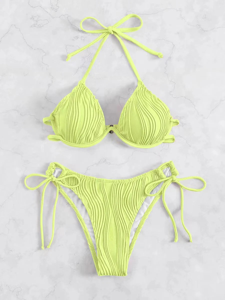 2026 Halter String Bikini Solid Push Up Swimsuit Women Sexy Swimwear Female Bathers Bathing Swimming Swim Suit Beachwear