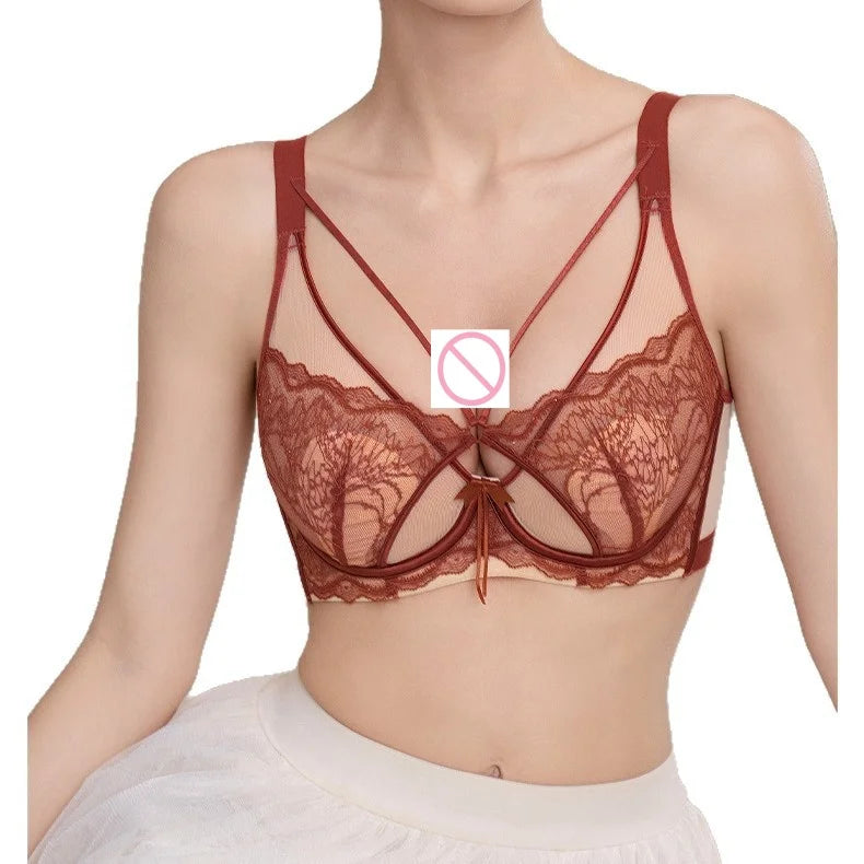 Women's French Pure Desire Lace Lingerie Set - Rabbit Ear Cup Thin Push Up Bra Minimizer for Large Bust