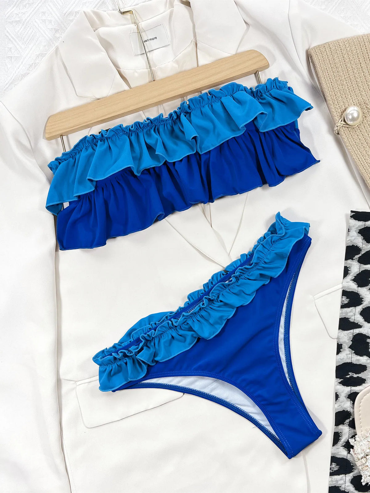 Ruffle Block Color Bikini Set Women 2026 Sexy Strapless Off-Shoulder Swimsuit Sexy High Waist Backless Bathing Suit Beachwear