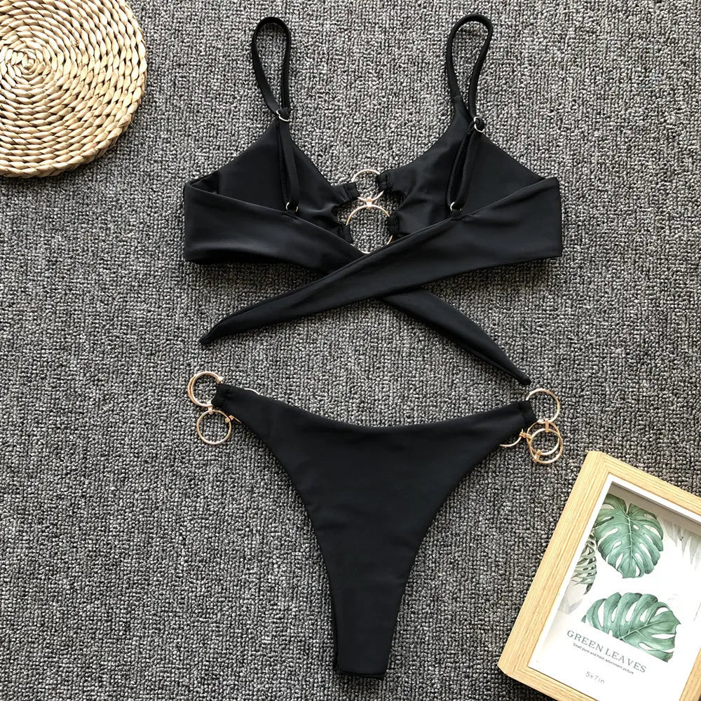 2026 Sexy Bikini Women Swimwear Swimsuit Solid Leopard Metal Ring Bikinis Set Bathing Suit Beach Bikini Female Biquinis Feminino