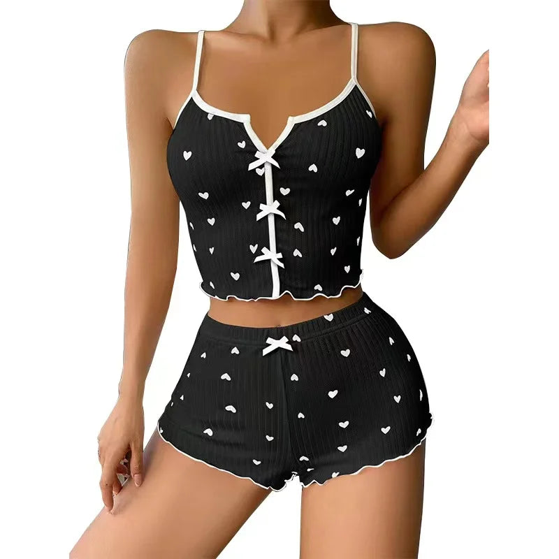 Sleepwear Women Pajamas Set Heart Print Soft Ribbed Fabric with Flirty Frill Trim Casual Top and Shorts Sets Loungewear New