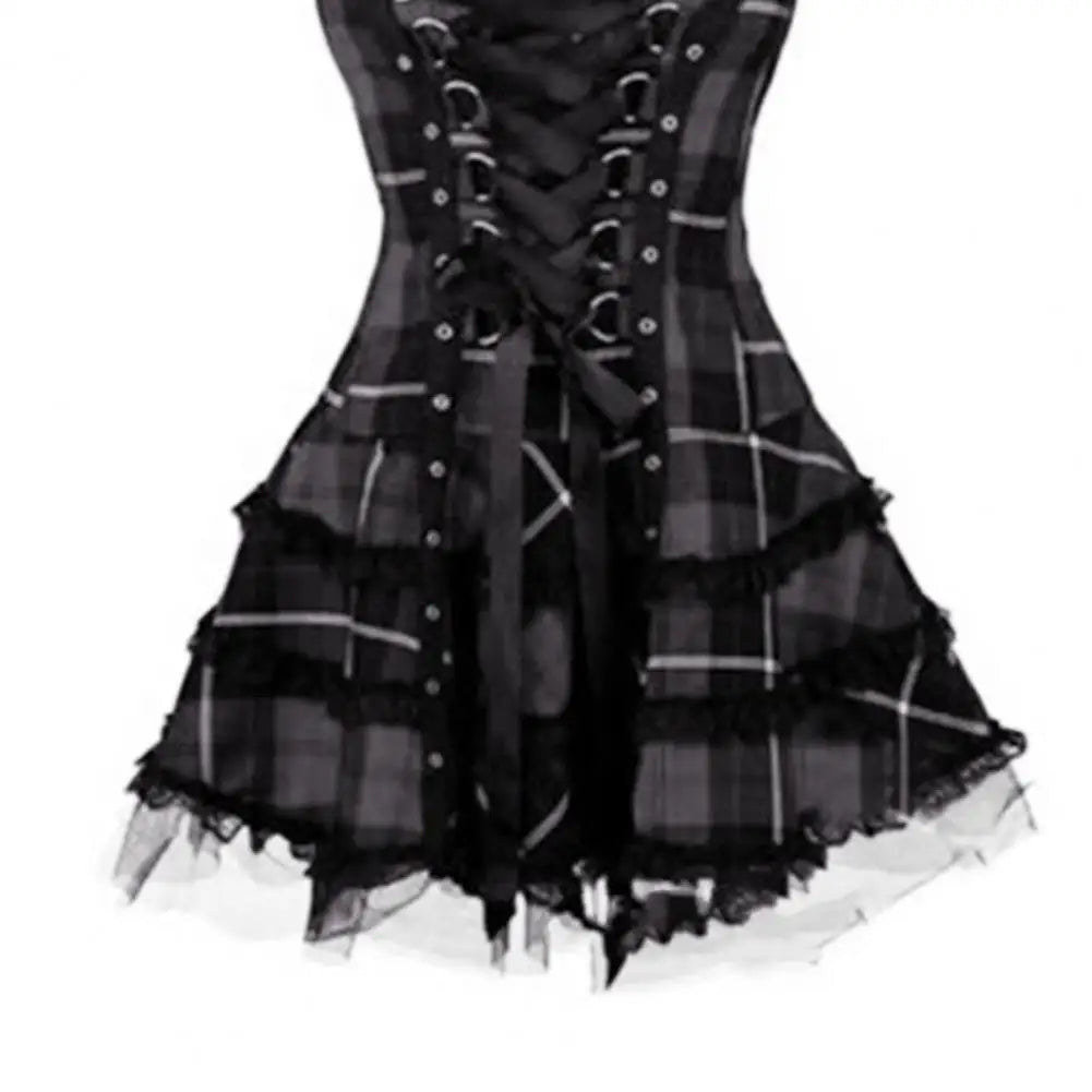 Lace Up Sleeveless A-Line Dress Steampunk Plaid Mini Dress for Women Medieval Renaissance Corset Lace Trim Gothic Dress