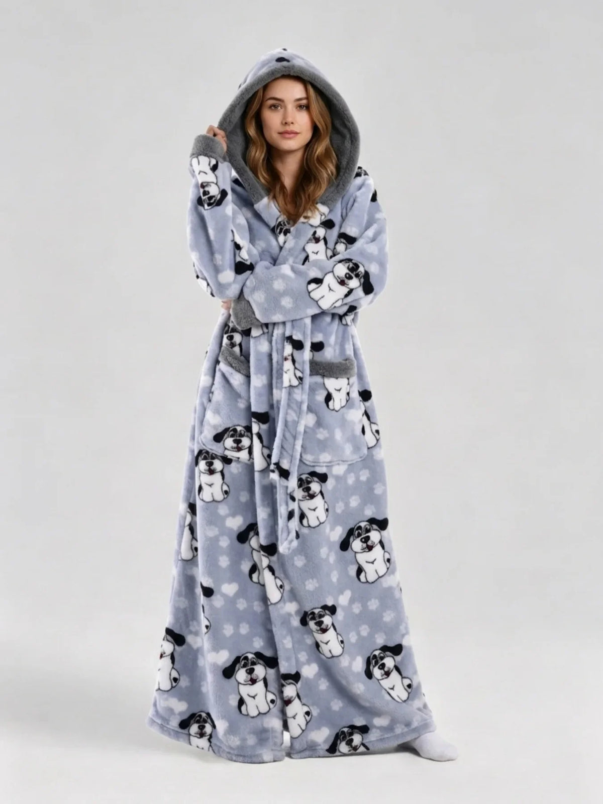 Winter Hooded Flannel Bath RobeCouples Loose Fit Animal Fruit Multi Print Long Loungewear Robe with Belt Double Side Pockets