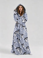 Winter Hooded Flannel Bath RobeCouples Loose Fit Animal Fruit Multi Print Long Loungewear Robe with Belt Double Side Pockets