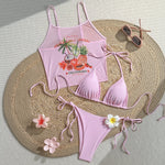 Vintage 3D Flower Thong Bikini Set 2026 Women Summer Fruit Print Cover Up 3 Piece Swimwear Push Up Bra Bathing Suit Swimsuit