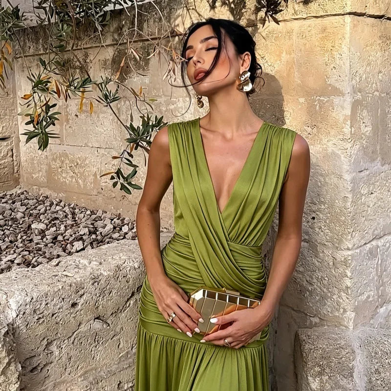 FDYOUI Womens Chic V-neck Sleeveless Pleated Long Maxi Holiday Dress Ladies Summer High Waist Tunics Solid Evening Party Dresses