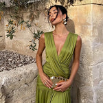 FDYOUI Womens Chic V-neck Sleeveless Pleated Long Maxi Holiday Dress Ladies Summer High Waist Tunics Solid Evening Party Dresses