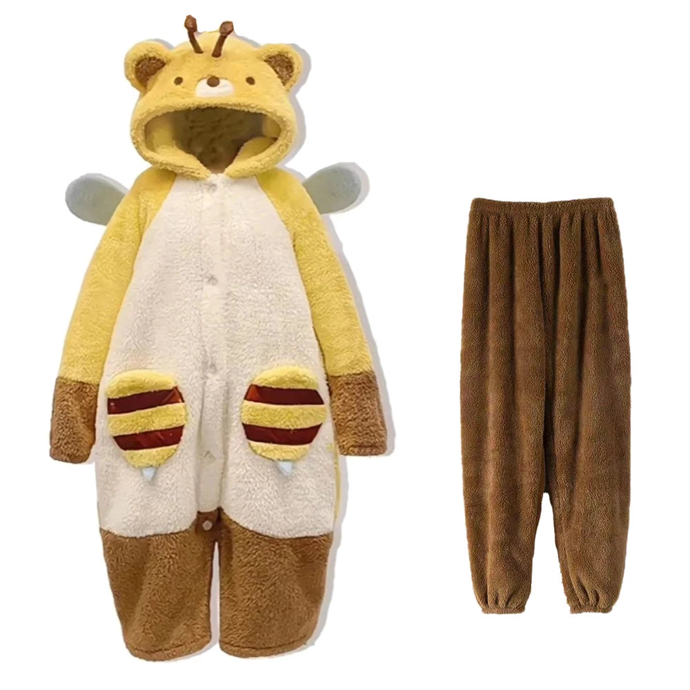 Cartoon Honeybee Pajamas Robes Slipper Kigurumi Unicron Anime Flannel Nightgown Winter Nightdress Party Cosplay Costume Slipper