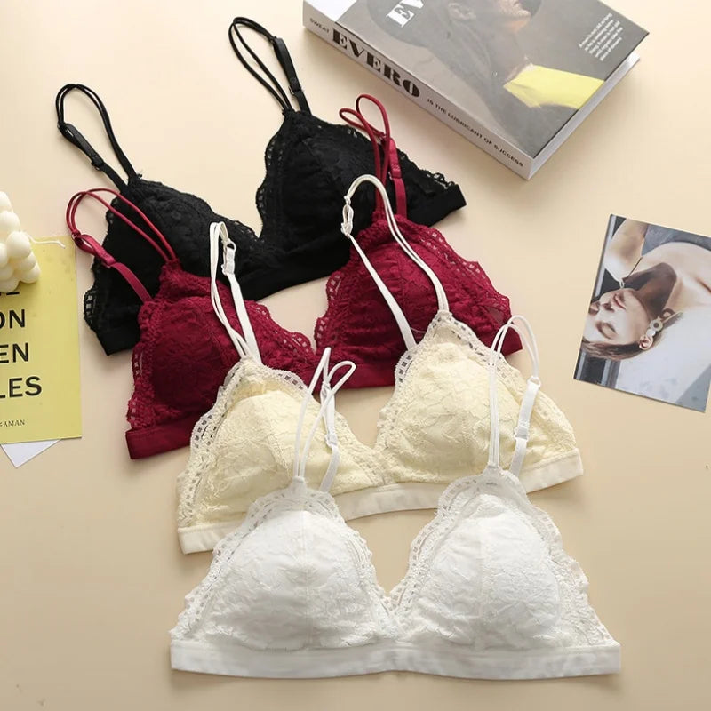 V-Neck Double Strap Floral Lace Bralette Women Scallop Edge Wireless Bra Sexy Lingerie Back Hook Closure Daily Intimates S-L