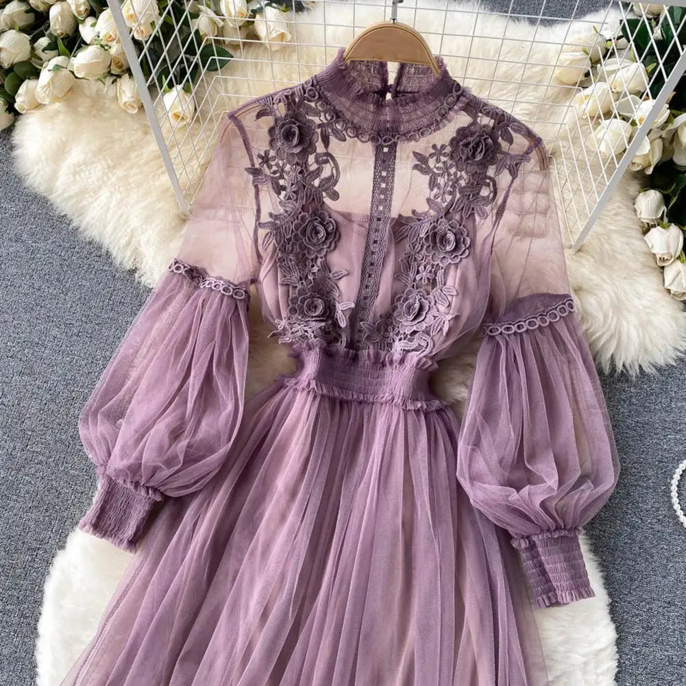 2 Pcs/Set Women Dress Suit Floral Embroidery See-through Lace Lantern Sleeves Pleated A-line Elastic Waist Dress Slip Dress Suit