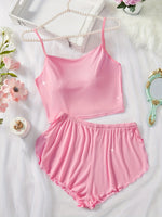 Women Solid Color Pajamas Set Comfortable Suspender Top and Slit Lettuce Trim Shorts Sets Casual Sleepwear & Loungewear