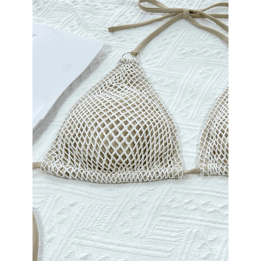 Halter Mesh Fish Net Brazilian Bikini Female Swimsuit Women Swimwear Two-Pieces Bikini Set Bather Bathing Suit Swim V3680