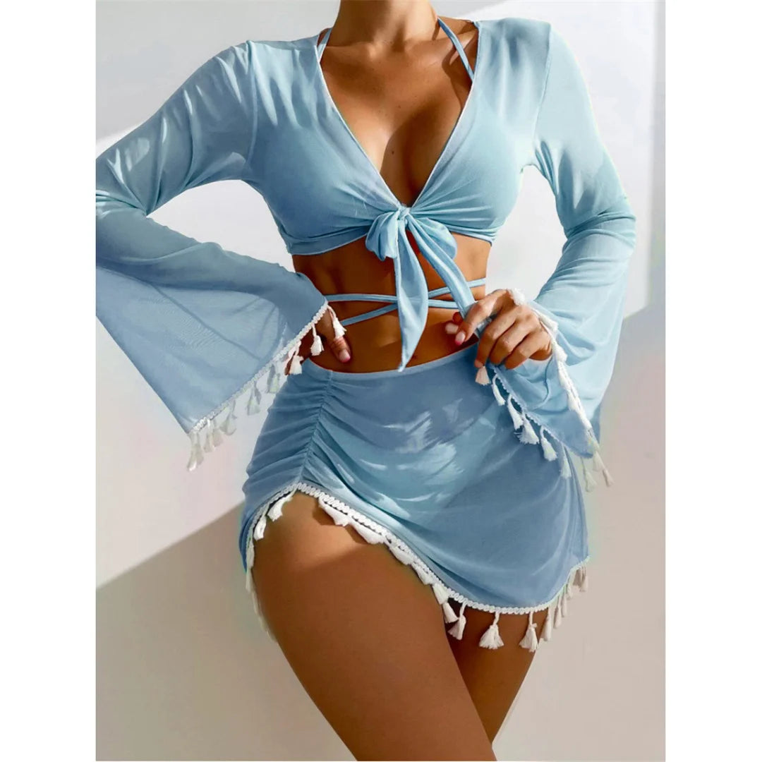 S - XL With Tassel Skirt Long Sleeve Bikini Women Swimwear Female Swimsuit Four-pieces Bikini set Bather Bathing Suit Swim V7060