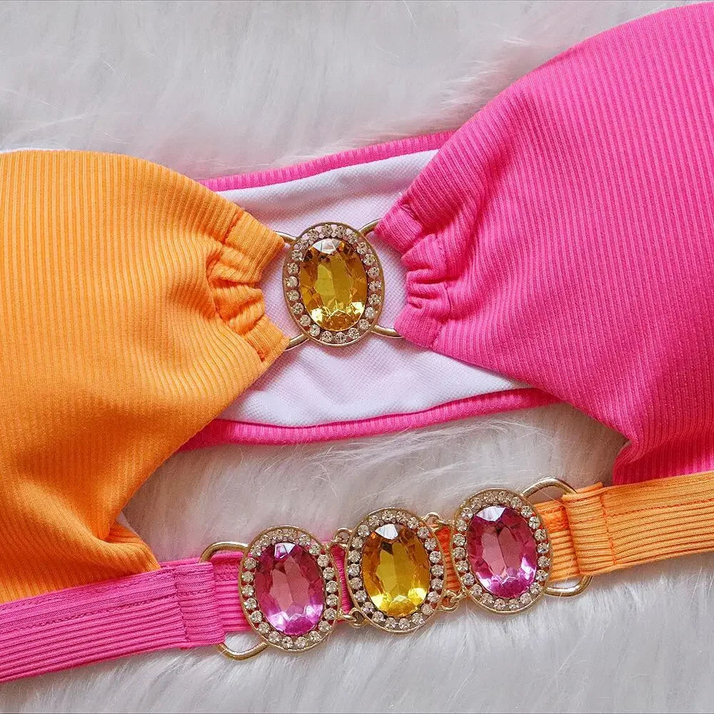 Luxuryt Bandeau Bikini 2025 Woman Sexy Orange Patchwork Cut Out Rhinestone Swimsuit Bathing Suit Thong Swimwear Traje De Baño
