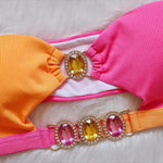 Luxuryt Bandeau Bikini 2025 Woman Sexy Orange Patchwork Cut Out Rhinestone Swimsuit Bathing Suit Thong Swimwear Traje De Baño