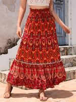 Women's Loose Long Skirt Bohemian Print Elastic Waist Ruffle Flowy Pleated Skirts Summer Beach Party Streetwear