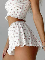 Y2K Cute Ditsy Floral Pajama Set Womens Ribbed Knit Cami Crop Top and Ruffle Shorts Two Piece Loungewear Lace Trim Sleepwear New