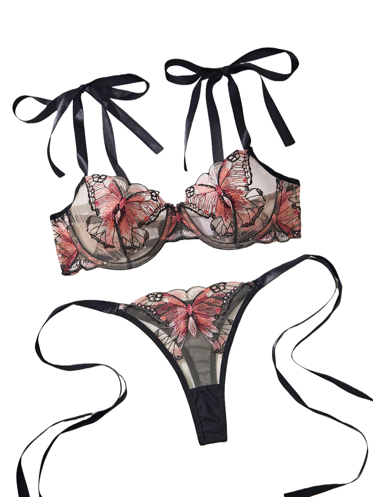 Lady 2 Pieces Lingerie Elegant Bowknot See Through Sexy Butterfly Bra Panty Cute Girl Intimate Underwear Set