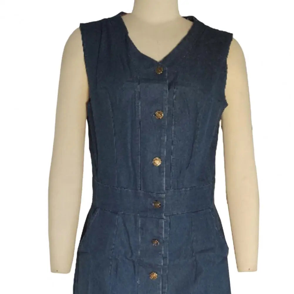 Women's Sleeveless Bodycon Denim Dress Casual V-Neck Button Down Mini Jean Dress Summer Overalls Dress with Pockets