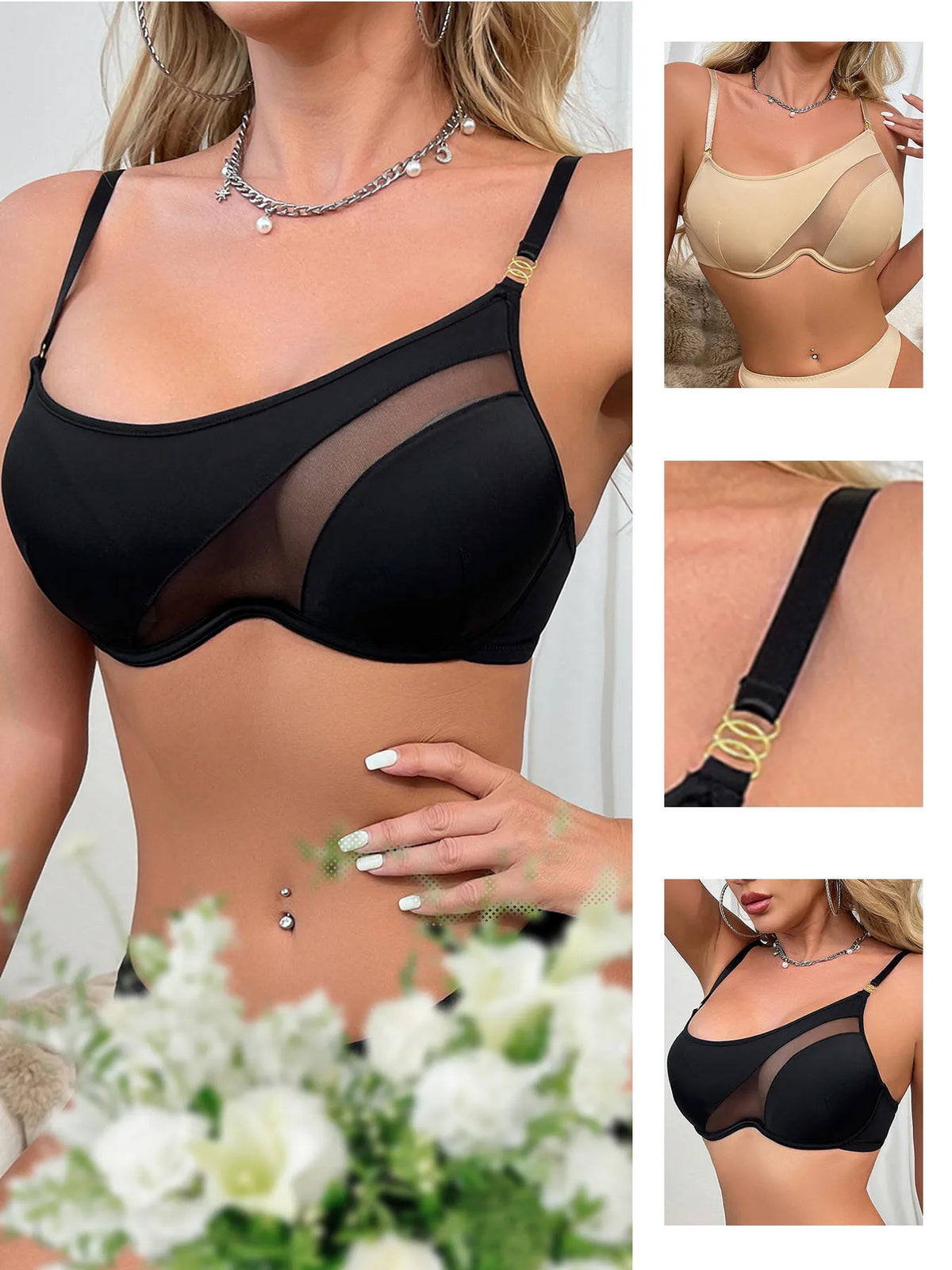 Sexy mesh stitching lingerie Ultra-thin padded padded soft underwire comfortable breathable bra