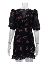 FDYOUI Elegant V-neck Floral Printed Short Dress High Street Women's Puff Sleeve High Waist Tunics Ruched Vacation Party Dresses