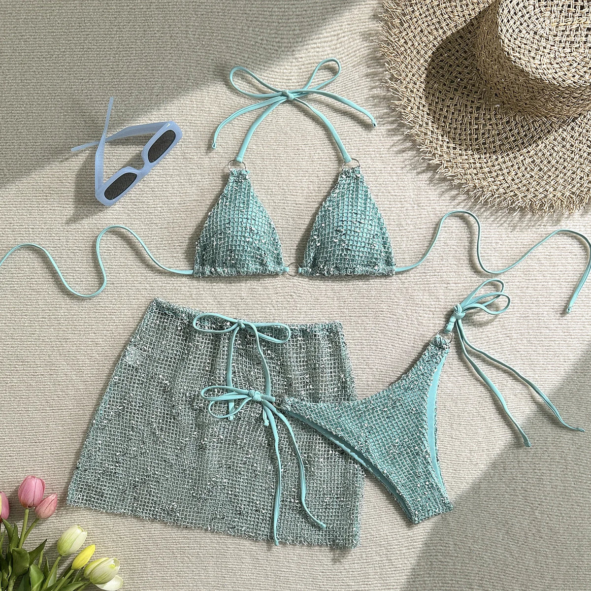 With Mesh Sarong Skirt Halter Bikini Women Swimwear Female Swimsuit Three-pieces Bikini Set Fishnet Bathing Suit Swim Beachwear