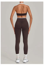 2 Pieces Color-block Yoga Sets WomenHanging Neck Sports Bra High Waist Pants Built-in Pockets Outdoor Fitness Workout Suit