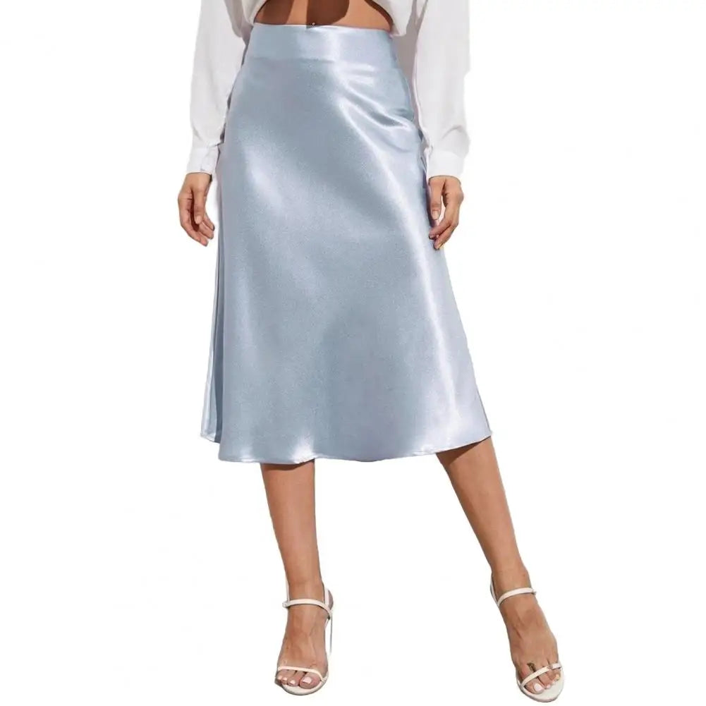 Satin-Like Shiny Skirt Women Midi Skirt High Waist Solid Color Mid-calf Length Skirt Soft Breathable Fabric Work Skirts