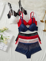 4-Piece Women's Floral Lace Lingerie Set Sexy Underwire Push-Up Bra Breathable Hollow Out Fashion Intimates