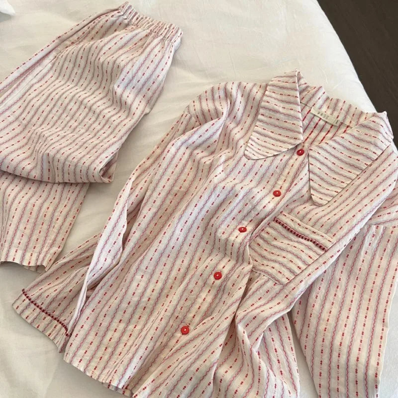 Female 2Pcs Pajamas Set Spring New Cotton Sleepwear Long Sleeve Trouser Suit Homewear Sweet Pink Striped Doll Collar Pijamas