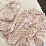 Female 2Pcs Pajamas Set Spring New Cotton Sleepwear Long Sleeve Trouser Suit Homewear Sweet Pink Striped Doll Collar Pijamas