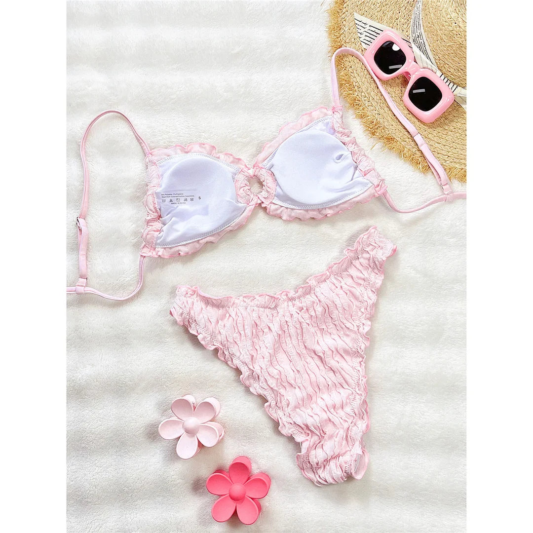 Wrinkled Crinkled Frilled Bikini Female Swimsuit Women Swimwear Two-pieces Bikini set Brazilian Bather Bathing Suit Swim V8053
