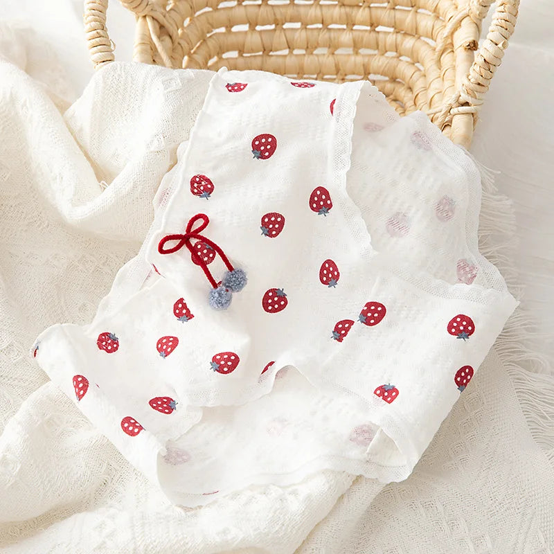1 Pack Strawberry Print Mid-Rise Cotton Panties 5 Cute Patterns Briefs (M-L-XL) Japanese Style Kawaii Strawberry & Bow Lingerie