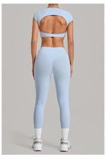 Yoga Set Women's Tracksuit Short Sleeve Back Hollow Out Sports Top Athletic Wear Tight High Waist Pocket Leggings Fitness Suits