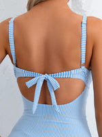 DEKA Vintage Sky Blue Striped One Piece Swimsuit 2026 Women Hollow Out Cross Slim Tummy Control Swimwear Beach Holiday Bathing S