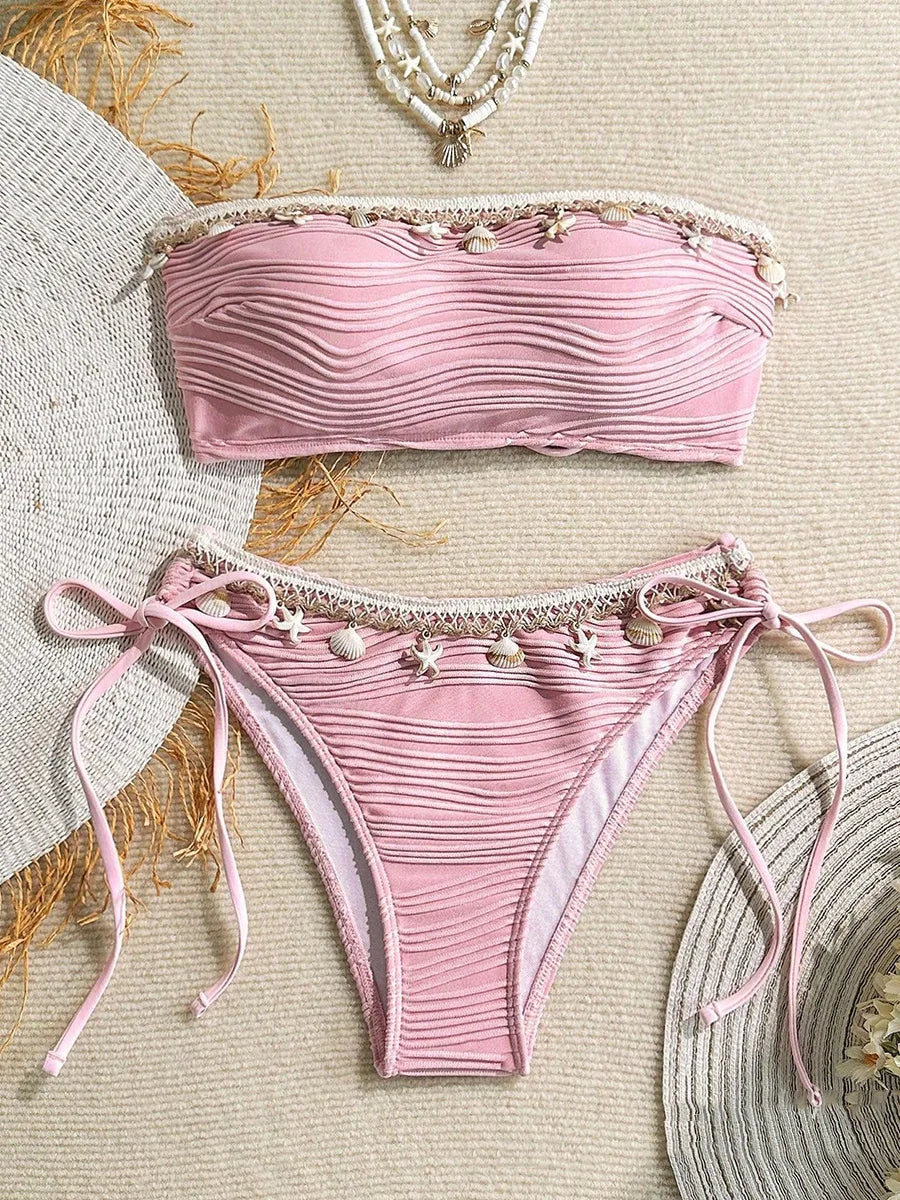 XS - XL Wrinkled High Cut Bandeau Bikini Women Swimwear Female Swimsuit Two-pieces Bikini Set Shells Bather Bathing Suit Swim