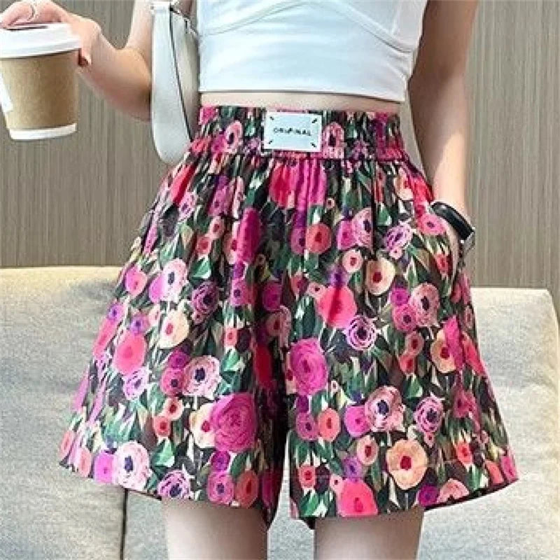 Summer Oil Painting Floral Shorts for Women Casual Wide Leg Shorts Large Siz Loose Floral Print Shorts Elastic Band Casual Pants