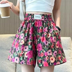 Summer Oil Painting Floral Shorts for Women Casual Wide Leg Shorts Large Siz Loose Floral Print Shorts Elastic Band Casual Pants
