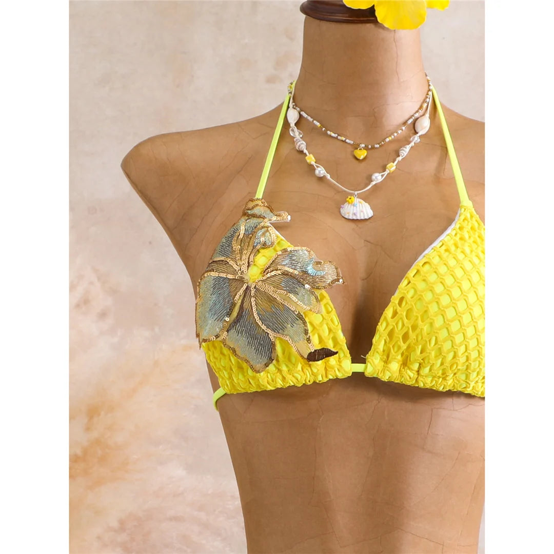With Skirt 3D Flower Halter Bikini Women Swimwear Female Swimsuit Three-Pieces Bikini Set Padded Bather Bathing Suit SwimV8346